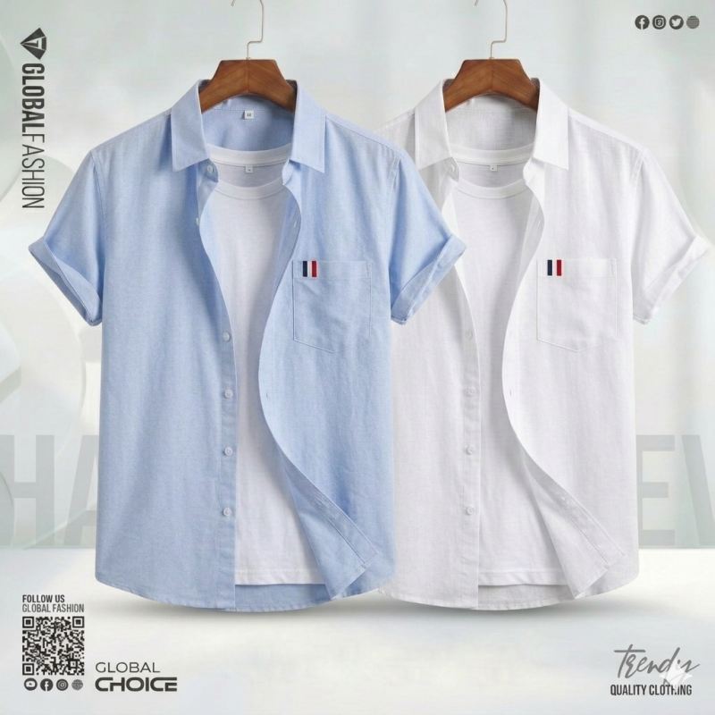 Remi Cotton Shirt, NHS-101, Combo-02 (White+Sky)
